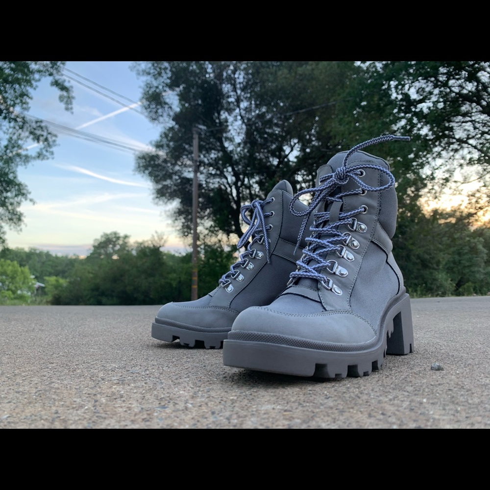 Grey hiking boots